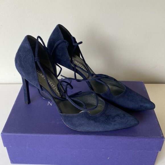 Stuart Weitzman on-a-string blue tie up pointed toe heels - Picture 10 of 12